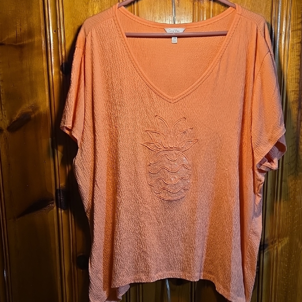 Coral Bay Coral V-Neck Pineapple Applique Tee